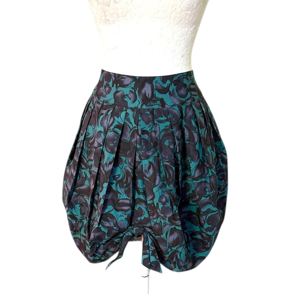 RARE Anthropologie Anna Sui Silk Teal Purple Floral Print Bubble Tulip Skirt - 2